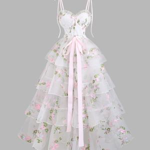 TEMU 빈티지 프렌치 스타일 핑크 플로럴 자수 스트랩리스 케이크 드레스 with 리본, 바로크 럭셔리 코트 스타일 드레스 - 데이트, 파티, 생일, 무도회, 크루즈, 축제 행사용