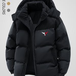 TEMU 겨울 남성용 두꺼운 코트, 스플라이스 후드 재킷 | 캐주얼하고 따뜻하며 편리한 레귤러 핏, 지퍼형 플라켓, 긴소매, 섬유 충전재