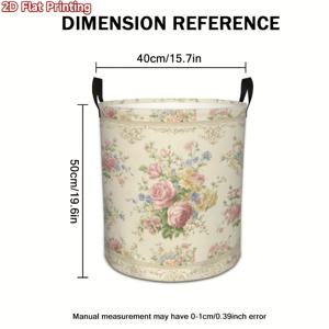 TEMU 빈티지 플로럴 부케 디자인의 2D 평면 프린트 세탁 바구니 1개. 이 현대적인 원형 바구니는 폴리에스터 원단으로 제작되었으며, 휴대하기 쉬운 손잡이가 포함되어 있습니다. 높은 용량을 제공하며 접을 수 있어 L 공간 절약에 이상적입니다.|빨래바구니