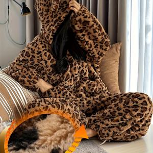 TEMU 여름/겨울 여성용 플리스 점프수트, 프린트 디자인, 지퍼형 루즈핏, 후드 스타일, 편안하고 따뜻한 두꺼운 소재, 2025년 가을/겨울 여성용 라운지웨어 신상 컬렉션.