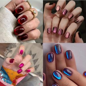 TEMU 고양이 눈 디자인의 4가지 색상으로 구성된 120개 짧은 사각 프레스온 네일 세트입니다. 레드, 핑크, 블루 옵션이 포함된 아크릴 인조 손톱 컬렉션으로, 또는 파티에 적합하며 크리스마스 행사에도 완벽합니다.