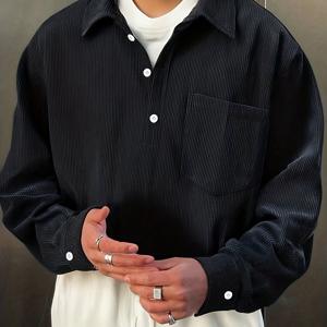TEMU 남성 솔리드 컬러 턴 칼라 긴팔 셔츠 - 캐주얼 버튼업, 가슴 포켓, 가벼운 니트 질감, 봄/가을 레귤러 핏, 캐주얼 웨어, |클래식 칼라 셔츠|니트 질감 셔츠