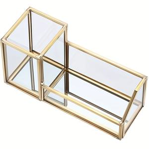 TEMU 펜/연필 홀더가 있는 유리 명함 홀더, 금색 메탈 데스크탑 카드 디스플레이 정리함, 슬롯 2개가 있는 사무실 책상 카드 보관함