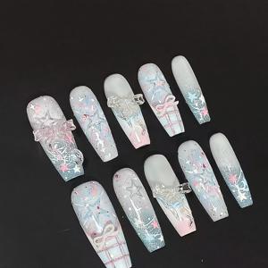 TEMU 10개입 롱 발레 프레스온 네일 - 손발 겸용 / 민트/블루/글리터 /리본 디자인, 탈부착 가능한 네일 플레이트, 댄스, 파티, 데일리웨어용 내구성