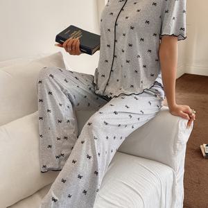 TEMU 여성용 파자마 세트, 리본 프린트 컬러 블록 앞면 숏 뒤면 롱 라펠 V넥 러플 디자인 반팔과 팬츠 매칭 파자마 세트. 투피스 여성용 파자마, 귀여운 파자마 세트. 여성용 캐주얼 세트, 봄 여름 가을 의류. 여성용 편안한 봄 여름 의류|반팔니트|여름잠옷