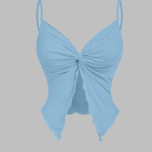 TEMU 여성용 우아한 딥 버건디 홀터넥 민소매 탑 - 비대칭 스파게티 스트랩 블라우스, 크로스백 디자인, 주름 방지 & 세탁기 사용 가능, 솔리드 컬러 파티 & 데일리 블라우스, 봄/여름/가을용, 딥 레드에서 버건디 톤, 시크하고 세련된 여성 패션 탑, 셔링 디테일, 중간 수준의 신축성 있는 원단, 다용도 단색 디자인