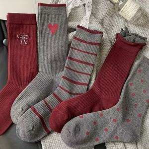 TEMU 5켤레 앙고라 레드 양말, 딥 그레이 , 컬러 블록, 레트로 대학 스타일, 다용도 트렌디 롱 삭스