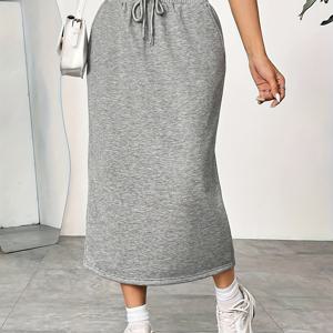 TEMU 플러스 사이즈 여성용 단색 신축성 허리 캐주얼 스커트, 무릎 길이 포켓 포함