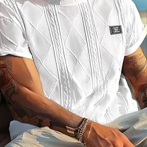 TEMU 플러스 사이즈 남성용 아일리 패턴 프린트 반팔 셔츠, 캐주얼 라운드넥 탑, 야외 활동에 적합, 약간의 신축성 있는 원단으로 제작, 가족을 위한 선물.