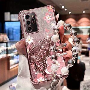 TEMU 갤럭시 노트 20 울트라 전용 펄 손목 스트랩 글리터 럭셔리 꽃 나비 폰 홀더 케이스 - 충격 방지 스탠드 백커버
