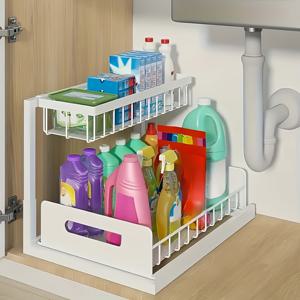 TEMU 3색 풀아웃 이중층 싱크대 정리대, 탄소강 소재, 다기능 주방 및 욕실 수납 선반, 욕실 필수품 및 청소용품 보관용, 화장품 선반 - 블랙/화이트/그레이, 크리스마스 선물, 발렌타인데이 선물, 새해 선물 - 크리스마스 선물 아이디어 #크리스마스틱톡 #크리스마스