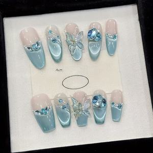 TEMU SZY175 블루 초, 10개 세트 여름 상쾌한 빙하 파란색 고양이 눈 네일 패치, 3D 나비와 라인스톤 장식, 여름 파티 및 뮤직 페스티벌에 완벽, 시즌 선물로 이상적입니다.