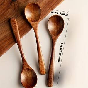 TEMU 3개 나무 수프 스푼 세트, 끓여 먹기 및 먹기용으로 이상적, 일본 스타일 작은 나무 스푼, 견고한 나무 밥 스푼, 긴 손잡이 작은 스푼, 수프 스푼, 길이 18cm