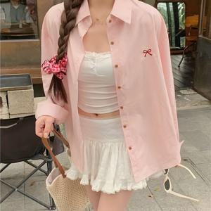 TEMU 여성용 라이트 핑크 긴팔 폴로 셔츠 - 캐주얼 루즈핏, 빨간 리본 디테일이 있는 버튼업, 프릴이 있는 하단, 봄과 가을에 완벽한, 다재다능한 상의 | 프릴이 있는 하단 셔츠 | 버튼업 상의