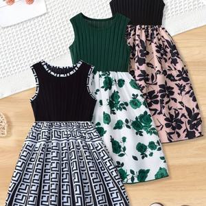 TEMU 3개 세트 여아용 여름 민소매 드레스 - 신축성 허리 밴드 미디엄 길이 캐주얼 플레이웨어, 기하학적 & 플로럴 프린트, 라운드 넥, 야외 활동 및 캐주얼 착용용 논스트레치 원단, 편안한 아동복, 소녀용 드레스|나시원피스|민소매원피스