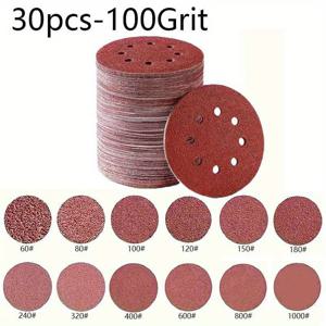 TEMU 30개입 5인치(125mm) 원형 사포, 8구멍 연마 디스크, 60/80/100/120/150/180/240/320/400/600/800/1000 그릿 후크 앤 루프 사포, 폴리싱용