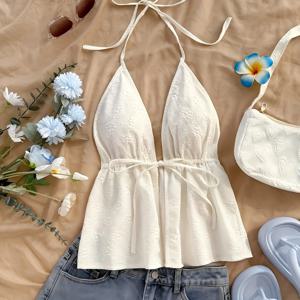 TEMU 여성용 화이트 캐주얼 섹시 V넥 오프숄더 타이백 캐미솔 - 봄, 여름, 가을용. 비치 파티, 생일, 할로윈, 크리스마스