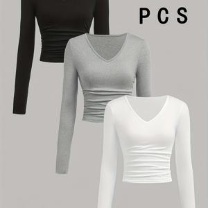 TEMU 여성용 V넥 플리츠 허리 탑 3종 세트, 캐주얼하고 활용도 높은 가을/겨울용으로 완벽합니다.