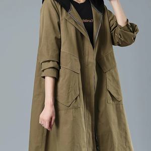 TEMU 플러스 사이즈, 여성용 루즈핏 미디엄 기장 캐주얼 패션 심플 후드 트렌치 코트