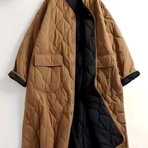 TEMU 대형 포켓 로마스 퀼팅 패딩 코트 빈티지 미드 길이 긴팔 버튼업 패딩 코트 와일더니스