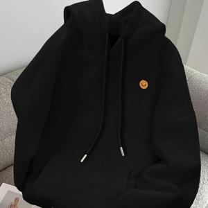 TEMU 남성용 캐주얼 후드 스웨트셔츠, 노란색 기쁜 얼굴 로고, 블랙 루즈핏 풀오버, 앞포켓, 세탁기 사용 가능 가을 겨울 따뜻한 스웨터 후디, 재미있는 디자인, 편안한 착용감