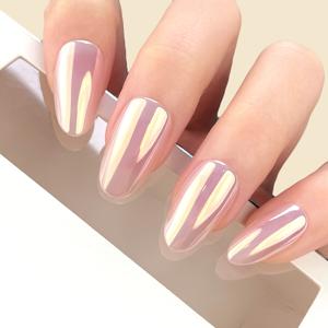 TEMU 오로라 재사용 가능 프레스온 네일 - 30개 롱 오발 라이트 핑크 인조 손톱, 골든 미러 크롬 코팅 (네일 파일 및 글루 포함) - 여성용 살롱 퀄리티 프레스온 네일, 데일리 착용, 결혼식 및 파티에 적합, 손상 없음.