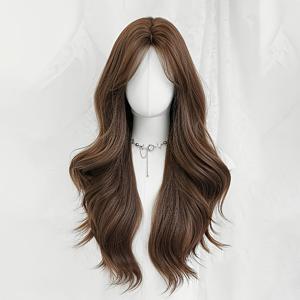 TEMU 1 26인치 여성용 브라운 롱 웨이브 합성 가발, 앞머리 포함, 자연스러운 플러피 블랙 브라운 컬리 가발, 내열성 가발, 데일리 및 파티 롤플레이 장식용, 풀 가발