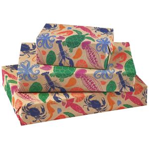 TEMU 1롤 해양생물 포장지 | 크래프트지 베이스에 바다 생물 패턴, 오션 테마 파티·비치 이벤트 데코레이션용, 항해 선물 포장재, 자연과학 수업 공예 - 43cm × 500cm (17인치 x 16.4피트)