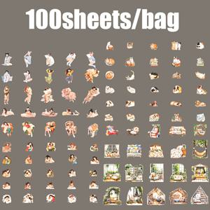 TEMU 1개 100장, 평평하게 누워있는 계획 시리즈: 소녀 캐릭터 장면 저널링 스티커 세트, DIY 콜라주 액세서리 및 잡지 저널용; 사진 앨범/다이어리를 꾸미기 위한 휴대폰 케이스, 물병, 차량용 컵, 컴퓨터, 기타, 자동차, 스케이트 등