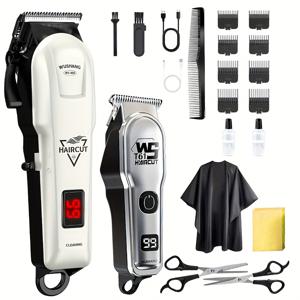 TEMU LED 디스플레이, USB 충전, 8개의 가이드 콤, 2개의 작은 브러쉬, 2개의 가위, 헤어 오일 2병, 케이프, 스펀지 넥 브러쉬가 특징인 2개의 클리퍼 (대형 1개, 소형 1개)가 포함된 전문가용 전기 헤어 클리퍼 세트