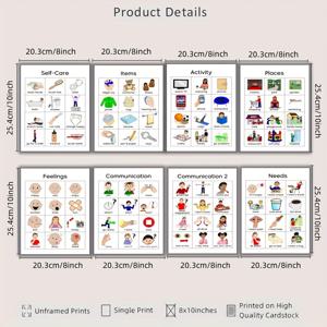 TEMU 8개 세트 증강 대체 의사소통 (AAC) 시각적 보조 도구 - 비언어적 의사소통 차트 (자기 관리, 감정, 필요, 물건, 행동, 장소, 감정, 일상 루틴) - 자폐증, ADHD, 다운 증후군, 언어 지연 증상 치료용 - 교실, 가정, 인테리어용 - PECS, 그림 의사소통 기호 (PCS) 호환 - 종이 보드, 2D 평면, 방 장식에 완벽