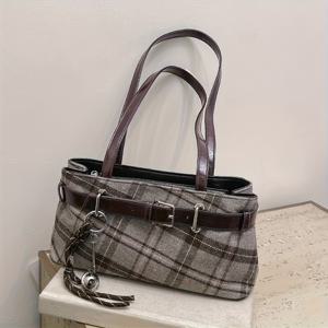 TEMU 여성용 플래드 숄더백, 골드 톤 하드웨어 - 스타일리시한 블랙 & 화이트 체크 디자인, 지퍼 잠금, 탈부착 가능한 스트랩으로 , 캐주얼 외출용 | 체크 패턴 가방 | 패브릭 안감