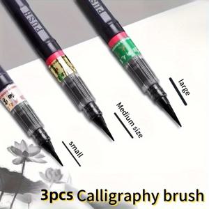 TEMU 비버 테일 캘리그라피 & 브러시 펜 3개 세트 - 대/중/소 사이즈, 빠른 건조 잉크, 교체 가능한 & 홈이 있는 손잡이, 예술, 글쓰기, 일본/중국 캘리그라피에 적합 - 휴대용 브러시 펜, , 학생, 캘리그라피 연습용|캘리그라피