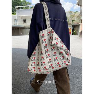 TEMU 한국 스타일 레터 & 하트 프린트 대용량 가방 - 가벼운 겨드랑이 핸드헬드 숄더 퍼스, 출퇴근, 여행용 - 캐주얼 데일리 캐리 (잠금장치 없음)