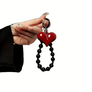 TEMU 1개 레드 하트 & 블랙 비즈 폰 랜야드 키체인 - 광택 비즈 멀티 스트랩, 폰 케이스, 지갑, 열쇠 호환 - 스타일리시 액세서리, 크리스마스, 할로윈 선물 아이디어