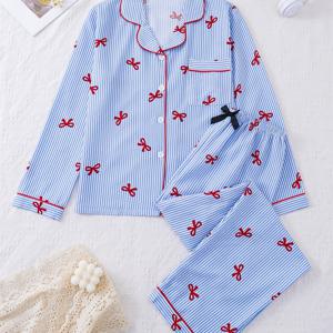 TEMU 2개 여성용 파란색 파자마 세트, 리본 프린트 | 긴소매 오픈 프론트 탑 및 탄성 허리 밴드 팬츠, 편안한 원단, 버튼 디테일, 모든 계절에 적합