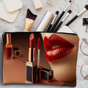 TEMU 여성용 휴대용 메이크업 가방 1개, 빨간 입술 & 립스틱 튜브 포함 - 지퍼형 여행용 세면도구 가방, 다기능 재사용 가능, 여성을 위한 컴팩트한 선물 (손세탁 가능)