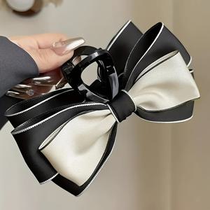 TEMU 1개 우아한 블랙 & 화이트 리본 헤어 클로 클립 - 대형 나비 모양 안전 샤크 그립, 데이 웨딩 파티용 여성 헤어 액세서리, 고급스러운 스타일의 샤크 헤어 클립