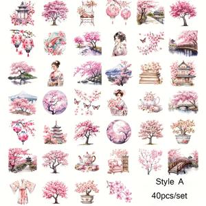 TEMU 40개/세트 수제 창의적인 빈티지 일본 풍경과 기모노 소녀 벚꽃 게이샤 산푸이 풍경 스티커 저널 장식 레트로 일본 차 의식 차 컵과 찻주 스티커 노트북 DIY 저널 스티커 장식