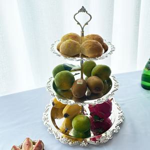 TEMU 3단 케이크 디스플레이 테이블 | 은도금, 광택 금속, 꽃 테마, 특별한 날에 완벽, 접촉 안전