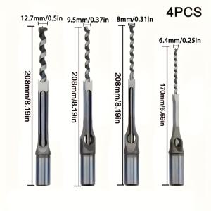 TEMU 4pcs 목공 사각 구멍 드릴 비트 세트 - 탄소강, 코팅되지 않음, 원형 샤크 - 정밀 목재 및 텐온 절단을 위한 6.35mm, 8mm, 9.5mm, 12.7mm