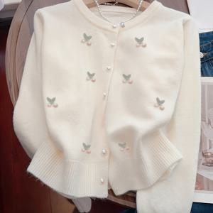 TEMU 로맨틱 데이 아웃핏: 심플하고 우아한 여성용 라운드넥 가디건, 커프스에 체리 어플리케와 진주 버튼 장식, 캐주얼 및 업무용으로 적합