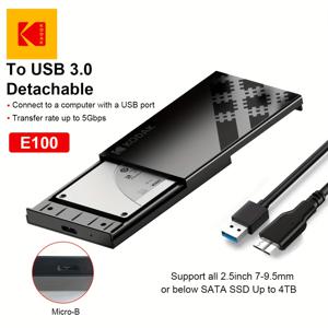 TEMU Kodak E100 2.5인치 SSD SATA 외장 하드 드라이브 케이스에는 USB 3.0 to SATA III 어댑터가 포함되어 있으며 USB 3.0-Micro B 데이터 케이블이 포함되어 있으며 UASP을 지원합니다. Kodak E100Pro 2.5인치 SSD 외장 하드 드라이브 케이스는 C