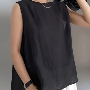 TEMU 플러스 사이즈, 통기성 좋은 오리지널 린넨룩 민소매 탑, 여름용 루즈핏 앞뒤 착용 베스트|린넨