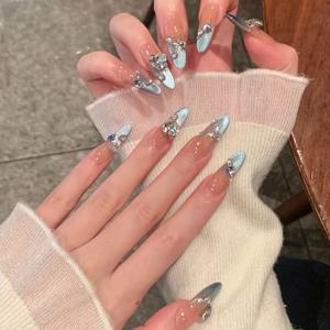 TEMU 고급 캣아이 스톤 핸드메이드 여성용 네일 30개 세트, 섹시하고 순수한 스타일의 일상용 인조네일 + 젤리 글루 1개 + 네일 파일 1개|네일팁