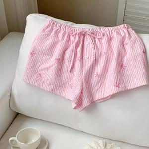 TEMU 여성용 스타일리시 드로스트링 반바지, 리본 프린트 및 버튼 커프스 특징