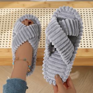 TEMU 우아한 플러시 슬리퍼 수직 크로스 디자인 - 부드러운 패브릭 갑피 & 쿠션 EVA 밑창, 사계절 실내/외부 편안함 여성용, 인도어 슬리퍼, 크로스 패턴, 소프트 텍스처