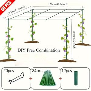 TEMU 56개 세트, 강력한 금속 정원 포도 지지대 프레임, 야외 정원, 안뜰 아치, 울타리, 채소 창고 덩굴 식물에 적합 - 장미, 포도, 수박 과일 나무 지지대, PET 코팅 금속 코어, 부식 방지, 간편한 삽입