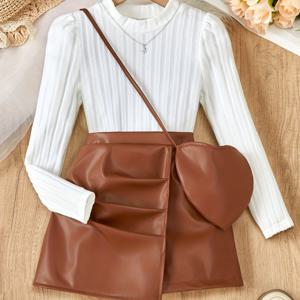 TEMU 소녀용 심플하고 우아한 퍼프 소매 리브드 원단 탑 + 하이웨이스트 A라인 스커트와 하트 크로스바디 백 세트, 학교, 파티, 일상복, 캐주얼, 가을 착용, 다용도 패션 스커트, 가을/겨울 선물, 소재 제작, 야외 활동에 완벽