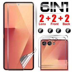 TEMU 6-In-1 액정 보호 필름, 부드러운 내부 레이어와 유리 외부 레이어, 렌즈 필름 포함, 삼성 갤럭시 Z Flip 7 FE 6 5 호환 설계, 하이드로겔 내부 필름 및 유리 외부 필름 포함.